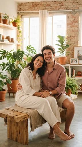 Casal sorrindo em uma sala com plantas e luz natural