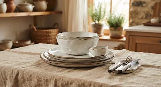 Louças de cerâmica sobre uma mesa de jantar